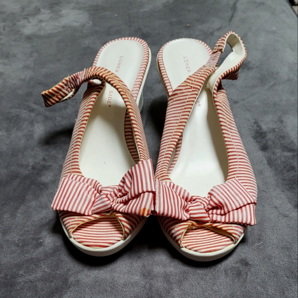 Lower East Side Red & White Nautical Stripe Wedge Sandals with Bow & Heel Strap